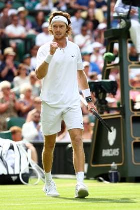 Mandatory Credit: Photo by Simon Dael Shutterstock (14003009ch) Andrey Rublev during his fourth round match Wimbledon Tennis Championships, Day 7, The All England Lawn Tennis and Croquet Club, London, UK - 09 Jul 2023 Wimbledon Tennis Championships, Day 7, The All England Lawn Tennis and Croquet Club, London, UK - 09 Jul 2023  Copyright: xSimonxDael Shutterstockx 14003009ch