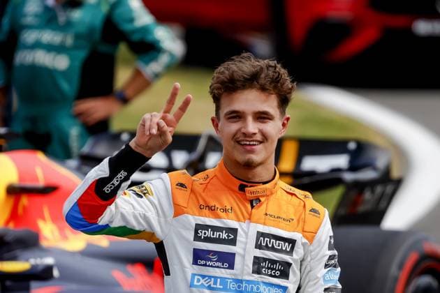 SILVERSTONE - Lando Norris (McLaren) celebrates his second place during the Grand Prix of Great Britain at the Silverstone Circuit. ANP SEM VAN DER WAL F1 Grand Prix of Great Britain 2023 xVIxANPxSportx xxANPxIVx 473330248 originalFilename: 473330248.jpg