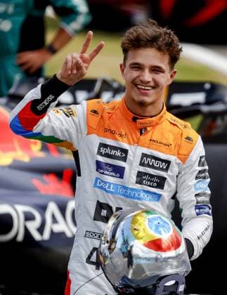 SILVERSTONE - Lando Norris (McLaren) celebrates his second place during the Grand Prix of Great Britain at the Silverstone Circuit. ANP SEM VAN DER WAL F1 Grand Prix of Great Britain 2023 xVIxANPxSportx xxANPxIVx 473330260 originalFilename: 473330260.jpg