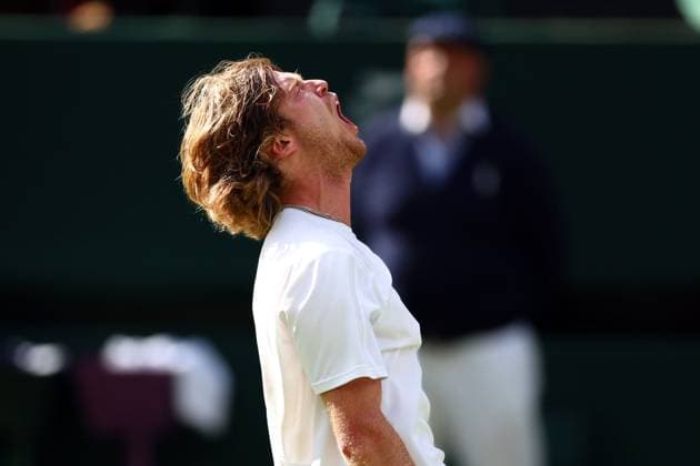 Mandatory Credit: Photo by Simon Dael Shutterstock (14003009dm) Andrey Rublev celebrates winning his fourth round match Wimbledon Tennis Championships, Day 7, The All England Lawn Tennis and Croquet Club, London, UK - 09 Jul 2023 Wimbledon Tennis Championships, Day 7, The All England Lawn Tennis and Croquet Club, London, UK - 09 Jul 2023  Copyright: xSimonxDael Shutterstockx 14003009dm