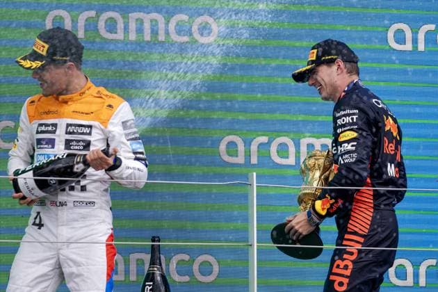 SILVERSTONE - Lando Norris (McLaren) and Max Verstappen (Red Bull Racing) on the podium during the Grand Prix of Great Britain at the Silverstone Circuit. ANP SEM VAN DER WAL F1 Grand Prix of Great Britain 2023 xVIxANPxSportx xxANPxIVx 473331418 originalFilename: 473331418.jpg