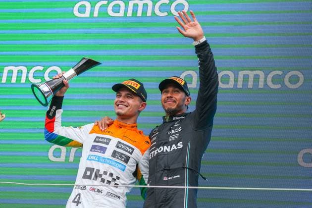 FORMULA 1 ARAMCO BRITISH GRAND PRIX 2023, 09 07 2023 Lando Norris 4 (GBR), McLaren MCL60 celebrates with Lewis Hamilton 44 (GBR), Mercedes AMG Petronas W14 on the podium for 2nd and 3rd positions during the FORMULA 1 ARAMCO BRITISH GRAND PRIX 2023 at the Silverstone Circuit, Silverstone, United Kingdom on 9 July 2023 Editorial Use Only Copyright: xPhilxDuncanx ESM-0744-0013