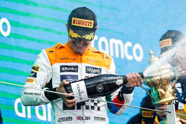NORRIS Lando (gbr), McLaren F1 Team MCL60, portrait podium celebration during the 2023 Formula 1 Aramco British Grand Prix, 10th round of the 2023 Formula One World Championship, WM, Weltmeisterschaft from July 7 to 9, 2023 on the Silverstone Circuit, in Silverstone, United Kingdom - F1 - BRITISH GRAND PRIX 2023 - RACE DPPI Panoramic  03323013__R3_1994 