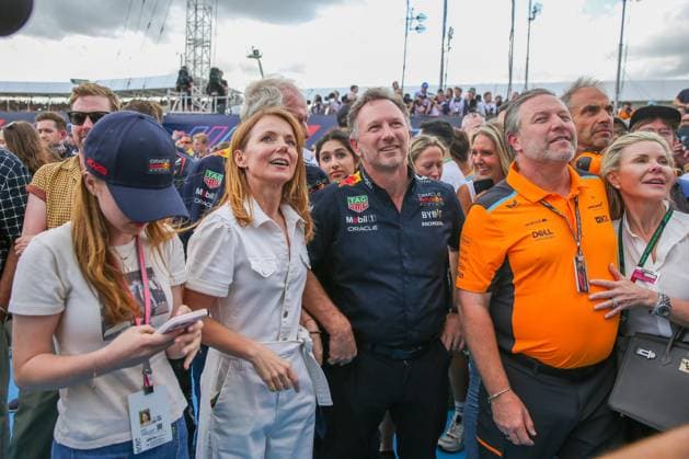 FORMULA 1 ARAMCO BRITISH GRAND PRIX 2023, 09 07 2023 Geri Halliwell-Horner, Team Principal Christian Horner, Red Bull Racing Zak Brown watch Max Verstappen 1 (NED), HONDA Red Bull Racing RB19 (not in picture) celebrate winning during the FORMULA 1 ARAMCO BRITISH GRAND PRIX 2023 at the Silverstone Circuit, Silverstone, United Kingdom on 9 July 2023 Editorial Use Only Copyright: xPhilxDuncanx ESM-0744-0015