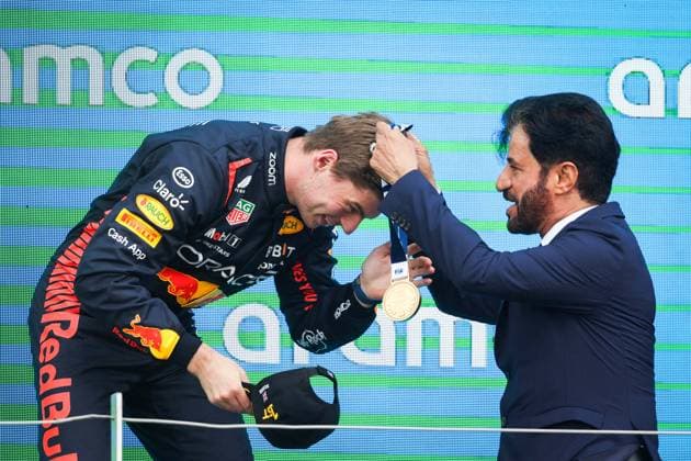 podium BEN SULAYEM Mohammed (uae), President of the FIA, VERSTAPPEN Max (ned), Red Bull Racing RB19, portrait during the 2023 Formula 1 Aramco British Grand Prix, 10th round of the 2023 Formula One World Championship, WM, Weltmeisterschaft from July 7 to 9, 2023 on the Silverstone Circuit, in Silverstone, United Kingdom - F1 - BRITISH GRAND PRIX 2023 - RACE DPPI Panoramic 00123025_AV3_9947