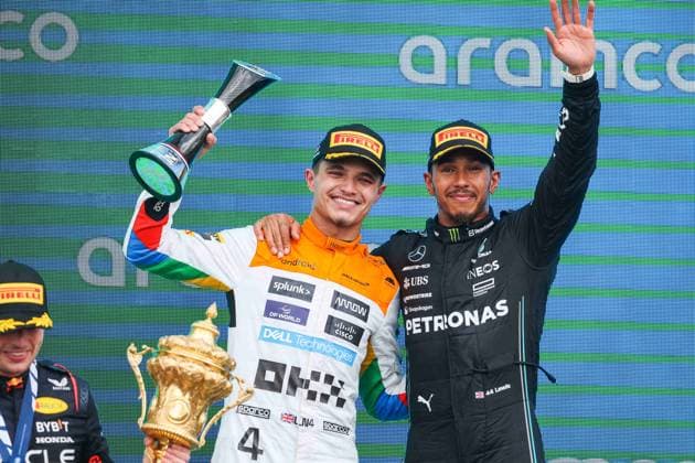 podium NORRIS Lando (gbr), McLaren F1 Team MCL60, HAMILTON Lewis (gbr), Mercedes AMG F1 Team W14, portrait during the 2023 Formula 1 Aramco British Grand Prix, 10th round of the 2023 Formula One World Championship, WM, Weltmeisterschaft from July 7 to 9, 2023 on the Silverstone Circuit, in Silverstone, United Kingdom - F1 - BRITISH GRAND PRIX 2023 - RACE DPPI Panoramic 00123025_AV3_0166