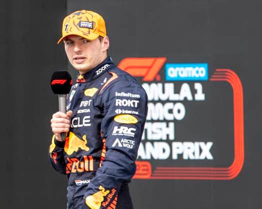 9th July 2023: Silverstone Circuit, Northamptonshire, England: Formula 1 2023 Aramco British F1 Grand Prix: Race Day; Oracle Red Bull Racing driver Max Verstappen talks to the TV after winning the race  ActionPlus12529278 TimxWilliams