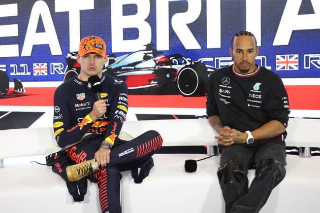 VERSTAPPEN Max (ned), Red Bull Racing RB19, HAMILTON Lewis (gbr), Mercedes AMG F1 Team W14, portrait press conference, PK, Pressekonferenz during the 2023 Formula 1 Aramco British Grand Prix, 10th round of the 2023 Formula One World Championship, WM, Weltmeisterschaft from July 7 to 9, 2023 on the Silverstone Circuit, in Silverstone, United Kingdom - F1 - BRITISH GRAND PRIX 2023 - RACE DPPI Panoramic 00123025_AV6_0037