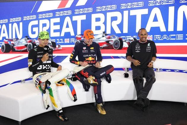 NORRIS Lando (gbr), McLaren F1 Team MCL60, VERSTAPPEN Max (ned), Red Bull Racing RB19, HAMILTON Lewis (gbr), Mercedes AMG F1 Team W14, portrait press conference, PK, Pressekonferenz during the 2023 Formula 1 Aramco British Grand Prix, 10th round of the 2023 Formula One World Championship, WM, Weltmeisterschaft from July 7 to 9, 2023 on the Silverstone Circuit, in Silverstone, United Kingdom - F1 - BRITISH GRAND PRIX 2023 - RACE DPPI Panoramic 00123025_AV6_0185