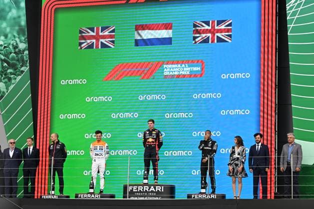 9th July 2023: Silverstone Circuit, Northamptonshire, England: Formula 1 2023 Aramco British F1 Grand Prix: Race Day; Max Verstappen of the Red Bull Racing team (1st), Lando Norris of the McLaren-Mercedes team (2nd) and Lewis Hamilton of the Mercedes team (3rd) take to the podium  ActionPlus12529307 SimonxWest