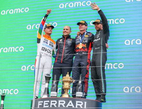 FORMULA 1 ARAMCO BRITISH GRAND PRIX 2023, 09 07 2023 Lando Norris 4 (GBR), McLaren MCL60 Max Verstappen 1 (NED), HONDA Red Bull Racing RB19 Lewis Hamilton 44 (GBR), Mercedes AMG Petronas W14 on the podium celebrate during the FORMULA 1 ARAMCO BRITISH GRAND PRIX 2023 at the Silverstone Circuit, Silverstone, United Kingdom on 9 July 2023 Editorial Use Only Copyright: xPhilxDuncanx ESM-0744-0021