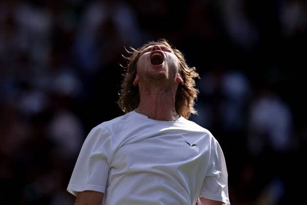 9th July 2023; All England Lawn Tennis and Croquet Club, London, England: Wimbledon Tennis Tournament; Andrey Rublev celebrates as he wins the match against Alexander Bublik  ActionPlus12529324 ShaunxBrooks