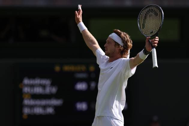 9th July 2023; All England Lawn Tennis and Croquet Club, London, England: Wimbledon Tennis Tournament; Andrey Rublev celebrates as he wins the match against Alexander Bublik  ActionPlus12529326 ShaunxBrooks