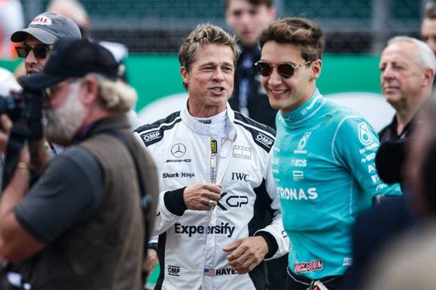 Brad Pitt USA , 63 George Russell GBR, Mercedes AMG Petronas F1 Team , F1 Grand Prix of Great Britain at Silverstone Circuit on July 9, 2023 in Silverstone, Great Britain Photo by HOCH ZWEI Silverstone Great Britain