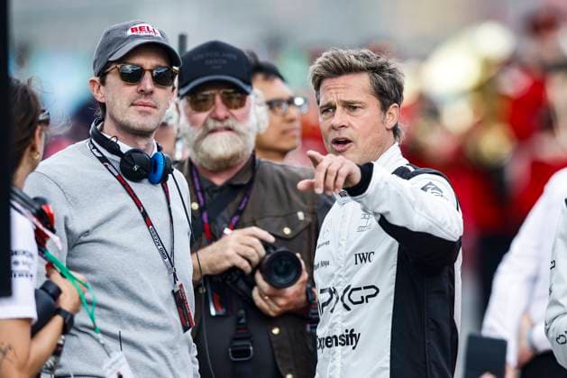 KOSINSKI Josef (USA), film director of the F1 movie by Apple Studios Bruckheimer Films, portrait PITT Brad (USA), actor playing Sonny Hayes, driver of the fictional Apex APXGP team in the F1 movie by Apple Studios Bruckheimer Films, portrait during the 2023 Formula 1 Aramco British Grand Prix, 10th round of the 2023 Formula One World Championship, WM, Weltmeisterschaft from July 7 to 9, 2023 on the Silverstone Circuit, in Silverstone, United Kingdom - F1 - BRITISH GRAND PRIX 2023 - RACE DPPI Panoramic 03323013__R3_0933