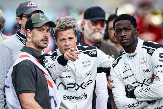 PITT Brad (USA), actor playing Sonny Hayes, driver of the fictional Apex APXGP team in the F1 movie by Apple Studios Bruckheimer Films, portrait IDRIS Damson Alade-Bo (GBR), actor playing Joshua Pearce, driver of the fictional Apex APXGP team in the F1 movie by Apple Studios Bruckheimer Films, portrait during the 2023 Formula 1 Aramco British Grand Prix, 10th round of the 2023 Formula One World Championship, WM, Weltmeisterschaft from July 7 to 9, 2023 on the Silverstone Circuit, in Silverstone, United Kingdom - F1 - BRITISH GRAND PRIX 2023 - RACE DPPI Panoramic 03323013__R3_0953
