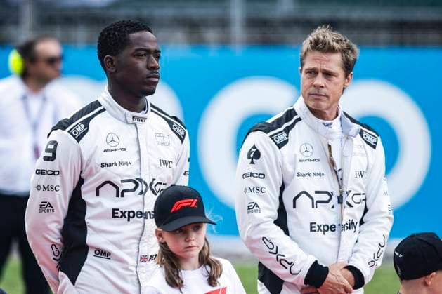 PITT Brad (USA), actor playing Sonny Hayes, driver of the fictional Apex APXGP team in the F1 movie by Apple Studios Bruckheimer Films, portrait IDRIS Damson Alade-Bo (GBR), actor playing Joshua Pearce, driver of the fictional Apex APXGP team in the F1 movie by Apple Studios Bruckheimer Films, portrait during the 2023 Formula 1 Aramco British Grand Prix, 10th round of the 2023 Formula One World Championship, WM, Weltmeisterschaft from July 7 to 9, 2023 on the Silverstone Circuit, in Silverstone, United Kingdom - F1 - BRITISH GRAND PRIX 2023 - RACE DPPI Panoramic 03323013__R3_1087