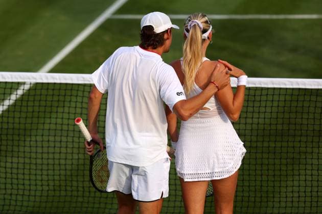 Mandatory Credit: Photo by Ella Ling Shutterstock (14003007z) Katie Boulter and Alex De Minaur during their mixed doubles second round match Wimbledon Tennis Championships, Day 7, The All England Lawn Tennis and Croquet Club, London, UK - 09 Jul 2023 Wimbledon Tennis Championships, Day 7, The All England Lawn Tennis and Croquet Club, London, UK - 09 Jul 2023  Copyright: xEllaxLing Shutterstockx 14003007z