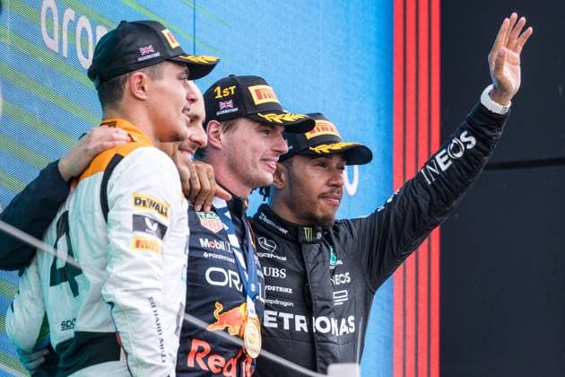 Max Verstappen NED, Oracle Red Bull Racing 1 , Lando Norris UK, McLaren F1 Team 4 , Lewis Hamilton UK, Mercedes AMG Petronas F1 Team 44 British Grand Prix, Silverstone, Motorsport, Formula 1, 09 07 2023 British Grand Prix, Silverstone, Motorsport, Formula 1, 09 07 2023 Towcester Copyright: xEibner-Pressefoto MarkoxKnabx EP_EER
