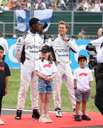starting grid, grille de depart, IDRIS Damson Alade-Bo (GBR), actor playing Joshua Pearce, driver of the fictional Apex APXGP team in the F1 movie by Apple Studios Bruckheimer Films, PITT Brad (USA), actor playing Sonny Hayes, driver of the fictional Apex APXGP team in the F1 movie by Apple Studios Bruckheimer Films, portrait during the 2023 Formula 1 Aramco British Grand Prix, 10th round of the 2023 Formula One World Championship, WM, Weltmeisterschaft from July 7 to 9, 2023 on the Silverstone Circuit, in Silverstone, United Kingdom - F1 - BRITISH GRAND PRIX 2023 - RACE DPPI Panoramic 00123025_AV6_8151