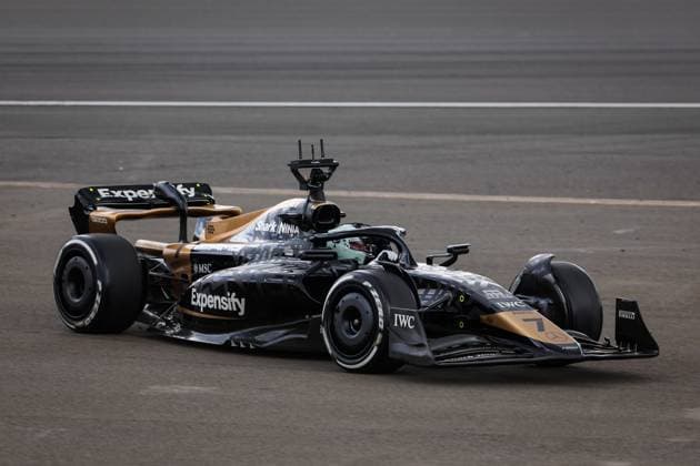 The modified F2 car of the fictional driver Joshua Pearce of the Apex APXGP team in the upcoming F1 movie by Apple Studios Bruckheimer Films, action taking the start of the formation lap at the back of the grid during the 2023 Formula 1 Aramco British Grand Prix, 10th round of the 2023 Formula One World Championship, WM, Weltmeisterschaft from July 7 to 9, 2023 on the Silverstone Circuit, in Silverstone, United Kingdom - F1 - BRITISH GRAND PRIX 2023 - RACE DPPI Panoramic  00123025_AV3_8602 