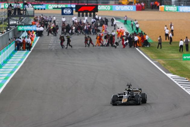 The modified F2 car of the fictional driver Joshua Pearce of the Apex APXGP team in the upcoming F1 movie by Apple Studios Bruckheimer Films, action taking the start of the formation lap at the back of the grid during the 2023 Formula 1 Aramco British Grand Prix, 10th round of the 2023 Formula One World Championship, WM, Weltmeisterschaft from July 7 to 9, 2023 on the Silverstone Circuit, in Silverstone, United Kingdom - F1 - BRITISH GRAND PRIX 2023 - RACE DPPI Panoramic  00123025_AV3_8582 