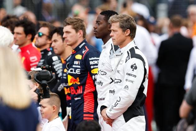 PITT Brad (USA), actor playing Sonny Hayes, driver of the fictional Apex APXGP team in the F1 movie by Apple Studios Bruckheimer Films, portrait IDRIS Damson Alade-Bo (GBR), actor playing Joshua Pearce, driver of the fictional Apex APXGP team in the F1 movie by Apple Studios Bruckheimer Films, portrait VERSTAPPEN Max (ned), Red Bull Racing RB19, portrait during the 2023 Formula 1 Aramco British Grand Prix, 10th round of the 2023 Formula One World Championship, WM, Weltmeisterschaft from July 7 to 9, 2023 on the Silverstone Circuit, in Silverstone, United Kingdom - F1 - BRITISH GRAND PRIX 2023 - RACE DPPI Panoramic 00123025_F12023GP11GBR-JK-12469