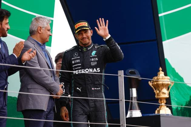HAMILTON Lewis (gbr), Mercedes AMG F1 Team W14, portrait podium during the 2023 Formula 1 Aramco British Grand Prix, 10th round of the 2023 Formula One World Championship, WM, Weltmeisterschaft from July 7 to 9, 2023 on the Silverstone Circuit, in Silverstone, United Kingdom - F1 - BRITISH GRAND PRIX 2023 - RACE DPPI Panoramic  00123025_F12023GP11GBR_JK097283 