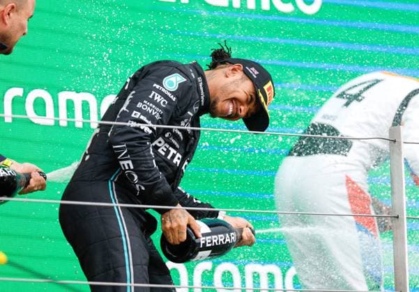 HAMILTON Lewis (gbr), Mercedes AMG F1 Team W14, portrait podium during the 2023 Formula 1 Aramco British Grand Prix, 10th round of the 2023 Formula One World Championship, WM, Weltmeisterschaft from July 7 to 9, 2023 on the Silverstone Circuit, in Silverstone, United Kingdom - F1 - BRITISH GRAND PRIX 2023 - RACE DPPI Panoramic  00123025_F12023GP11GBR_JK097293 