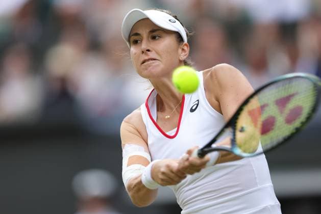 Belinda Bencic, SUI, during fourth round of 2023 All England Lawn Tennis Championships at Wimbledon, womens singles, London, 09 07 2023