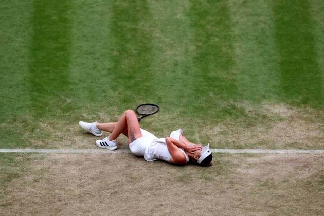 9th July 2023; All England Lawn Tennis and Croquet Club, London, England: Wimbledon Tennis Tournament; Elina Svitolina falls to the floor after winning her match against Victoria Azarenka  ActionPlus12529504 ShaunxBrooks