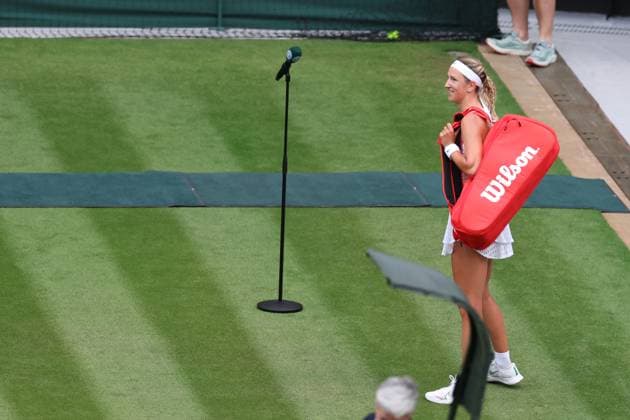 9th July 2023; All England Lawn Tennis and Croquet Club, London, England: Wimbledon Tennis Tournament; Victoria Azarenka laughs at the boos from the court number one crowd after her loss against Elina Svitolina  ActionPlus12529519 ShaunxBrooks