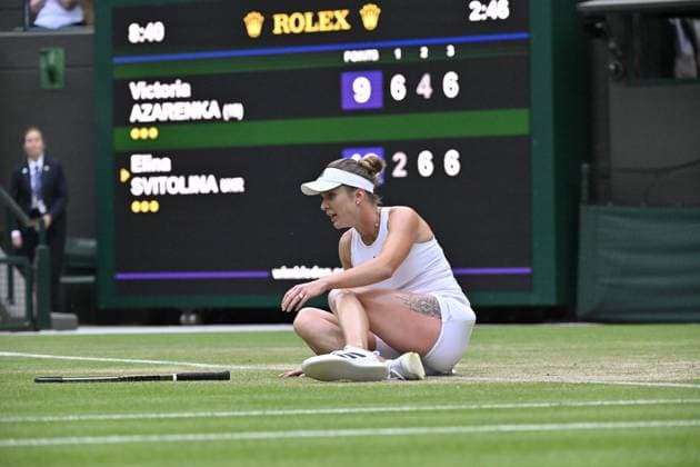 Tennis : Wimbledon 2023 - Angleterre - Victoire d Elina Svitolina Ukraine contre Mika Azarenka Bielorussie Tennis : Wimbledon 2023 - Angleterre- 09 07 23 ChrysleneCaillaud Panoramic  