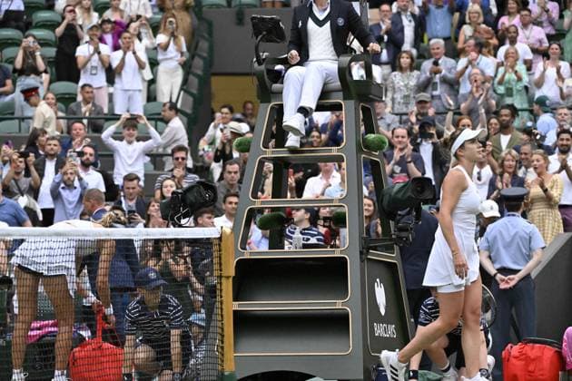 Tennis : Wimbledon 2023 - Angleterre - Victoire d Elina Svitolina Ukraine contre Mika Azarenka Bielorussie Tennis : Wimbledon 2023 - Angleterre- 09 07 23 ChrysleneCaillaud Panoramic  