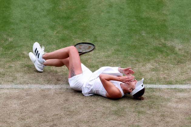 9th July 2023; All England Lawn Tennis and Croquet Club, London, England: Wimbledon Tennis Tournament; Elina Svitolina falls to the floor after she wins her match against Victoria Azarenka  ActionPlus12529523 ShaunxBrooks