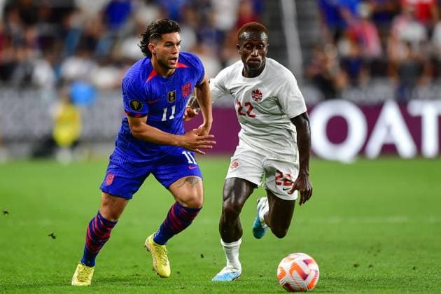RECORD DATE NOT STATED 2023 CONCACAF Gold Cup United States vs Canada (L-R), Cade Cowell of USA and Richie Laryea of Canada during the game United States (USA) vs Canada corresponding to Quarterfinals of the CONCACAF Gold Cup 2023, at TQL Stadium, on July 09, 2023. <br><br> (I-D), Cade Cowell de USA y Richie Laryea de Canada durante el partido Estados Unidos (EUA) vs Canada, correspondiente a cuartos de Final de la Copa Oro de la CONCACAF 2023, en el TQL Stadium, el 09 de Julio de 2023. CINCINNATI OHIO ESTADOS UNIDOS  Copyright: xIsaacxOrtizx 20230709213829_CGC_23_CF_USA_CAN_COWELL187