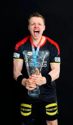 Berlin, 02 July 2023 Handball U21 World Cup Final Germany Hungary Justus Fischer Germany TSV Hannover Burgdorf with the trophy trophy Berlin Max Schmeling Halle Berlin Germany