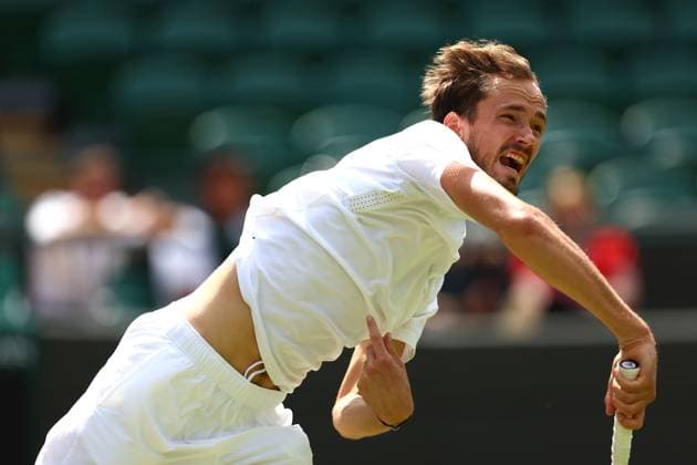 Mandatory Credit: Photo by Simon Dael Shutterstock (14003752ad) Daniil Medvedev in action against Jiri Lehecka Wimbledon Tennis Championships, Day 8, The All England Lawn Tennis and Croquet Club, London, UK - 10 Jul 2023 Wimbledon Tennis Championships, Day 8, The All England Lawn Tennis and Croquet Club, London, UK - 10 Jul 2023  Copyright: xSimonxDael Shutterstockx 14003752ad