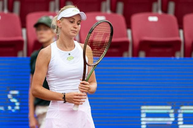 230710 Polina Kudermetova, Russia, falls during day 1 of the WTA Nordea Open on July 10, 2023 in Bastad, Sweden.  Copyright: MATHILDAxAHLBERG BB230710MA048