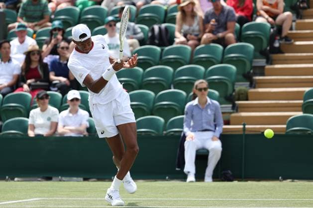 10th July 2023; All England Lawn Tennis and Croquet Club, London, England: Wimbledon Tennis Tournament; Christopher Eubanks during his mens singles match with Stefanos Tsitsipas  ActionPlus12529770 ShaunxBrooks
