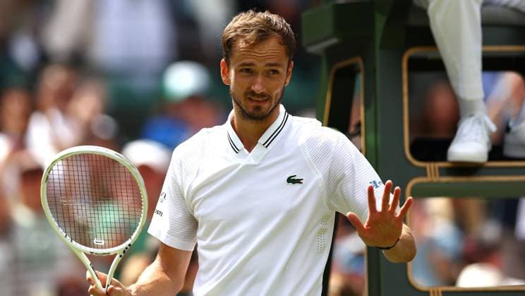 Mandatory Credit: Photo by Simon Dael Shutterstock (14003752av) Daniil Medvedev celebrates after Jiri Lehecka retires hurt Wimbledon Tennis Championships, Day 8, The All England Lawn Tennis and Croquet Club, London, UK - 10 Jul 2023 Wimbledon Tennis Championships, Day 8, The All England Lawn Tennis and Croquet Club, London, UK - 10 Jul 2023  Copyright: xSimonxDael Shutterstockx 14003752av