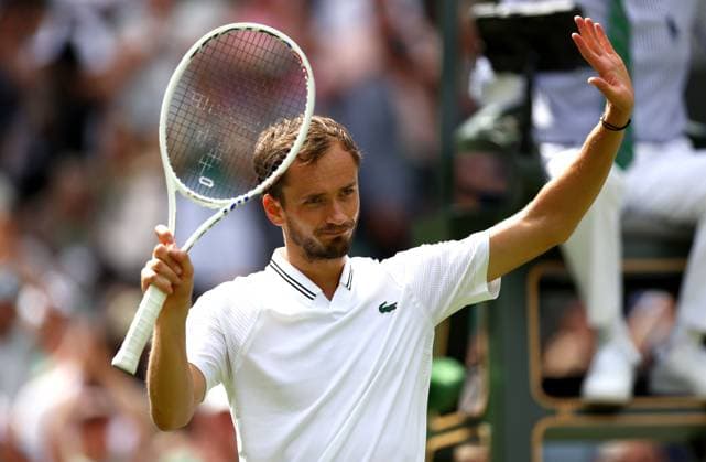 Mandatory Credit: Photo by Simon Dael Shutterstock (14003752aw) Daniil Medvedev celebrates after Jiri Lehecka retires hurt Wimbledon Tennis Championships, Day 8, The All England Lawn Tennis and Croquet Club, London, UK - 10 Jul 2023 Wimbledon Tennis Championships, Day 8, The All England Lawn Tennis and Croquet Club, London, UK - 10 Jul 2023  Copyright: xSimonxDael Shutterstockx 14003752aw