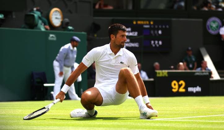 Mandatory Credit: Photo by Ella Ling Shutterstock (14003751ax) Novak Djokovic slips during their match against Hubert Hurkacz Wimbledon Tennis Championships, Day 8, The All England Lawn Tennis and Croquet Club, London, UK - 10 Jul 2023 Wimbledon Tennis Championships, Day 8, The All England Lawn Tennis and Croquet Club, London, UK - 10 Jul 2023  Copyright: xEllaxLing Shutterstockx 14003751ax