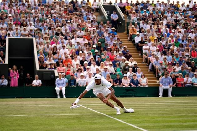 Mandatory Credit: Photo by Dave Shopland Shutterstock (14003750cf) Christopher Eubanks falls during his fourth round match Wimbledon Tennis Championships, Day 8, The All England Lawn Tennis and Croquet Club, London, UK - 10 Jul 2023 Wimbledon Tennis Championships, Day 8, The All England Lawn Tennis and Croquet Club, London, UK - 10 Jul 2023  Copyright: xDavexShopland Shutterstockx 14003750cf