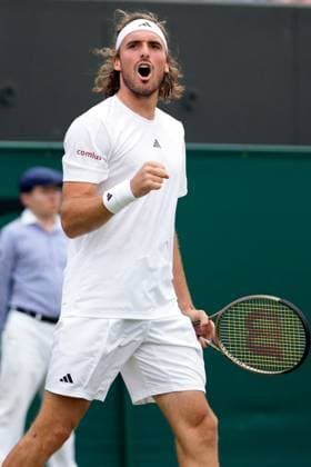 Mandatory Credit: Photo by Dave Shopland Shutterstock (14003750cq) Stefanos Tsitsipas during his fourth round match Wimbledon Tennis Championships, Day 8, The All England Lawn Tennis and Croquet Club, London, UK - 10 Jul 2023 Wimbledon Tennis Championships, Day 8, The All England Lawn Tennis and Croquet Club, London, UK - 10 Jul 2023  Copyright: xDavexShopland Shutterstockx 14003750cq