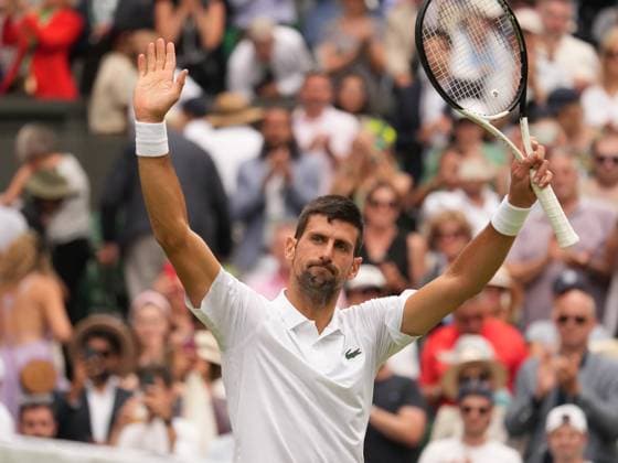 Tennis - 2023 Wimbledon Championships - Week Two - Day Eight - All England lawn Tennis & Racquet Club, Wimbledon - Monday 10th Mens singles - Novak Djokovic (SRB) v Hubert Hurkacz (POL) Novak Djokovic celebrates after the match 