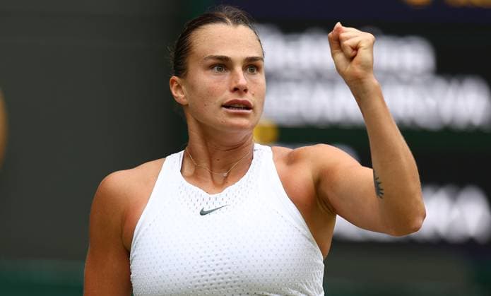 Mandatory Credit: Photo by Simon Dael Shutterstock (14003752ck) Aryna Sabalenka celebrates victory against Ekaterina Alexandrova Wimbledon Tennis Championships, Day 8, The All England Lawn Tennis and Croquet Club, London, UK - 10 Jul 2023 Wimbledon Tennis Championships, Day 8, The All England Lawn Tennis and Croquet Club, London, UK - 10 Jul 2023  Copyright: xSimonxDael Shutterstockx 14003752ck