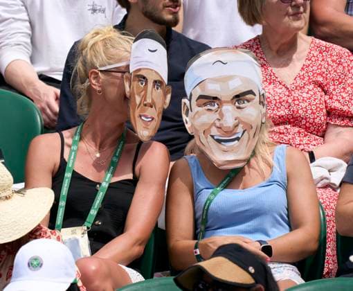 2023 Wimbledon Championships Fans wearing Rafael Nadal and Roger Federer masks seen watching the tennis on centre court on Day 8 at the 2023 Wimbledon Championships at the All England Club, London, UK, 10 July 2023, Credit:Peter van den Berg Avalon United Kingdom, England, London, All England Lawn Tennis and Croquet Club  Copyright: xPeterxvanxdenxBergx xAvalonx 0788336711