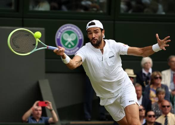 10th July 2023; All England Lawn Tennis and Croquet Club, London, England: Wimbledon Tennis Tournament; Matteo Berrettini (ITA) with a forehand shot to Carlos Alcaraz (ESP)  ActionPlus12529946 JohnxPatrickxFletcher
