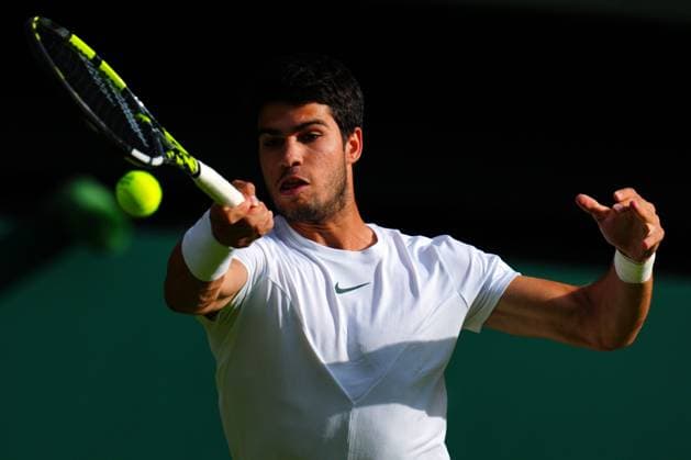 Mandatory Credit: Photo by Javier Garcia Shutterstock (14003748iw) Carlos Alcaraz during his fourth round match Wimbledon Tennis Championships, Day 8, The All England Lawn Tennis and Croquet Club, London, UK - 10 Jul 2023 Wimbledon Tennis Championships, Day 8, The All England Lawn Tennis and Croquet Club, London, UK - 10 Jul 2023  Copyright: xJavierxGarcia Shutterstockx 14003748iw